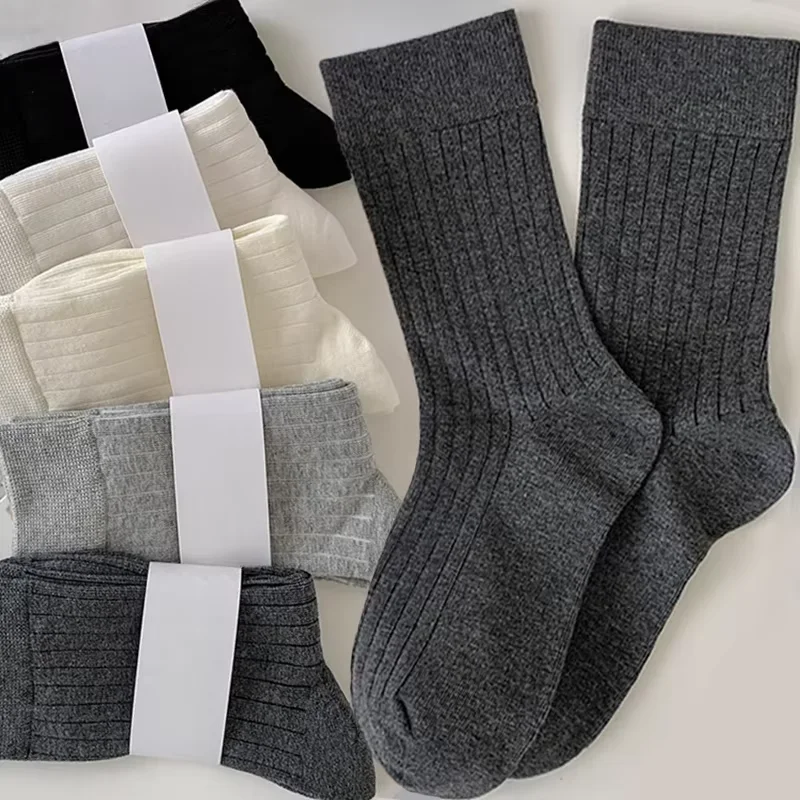 Autumn and Winter Diamond Check Wool Socks Coffee Color with Solid Color Women's Socks in The Tube Women's Warm Cotton Socks