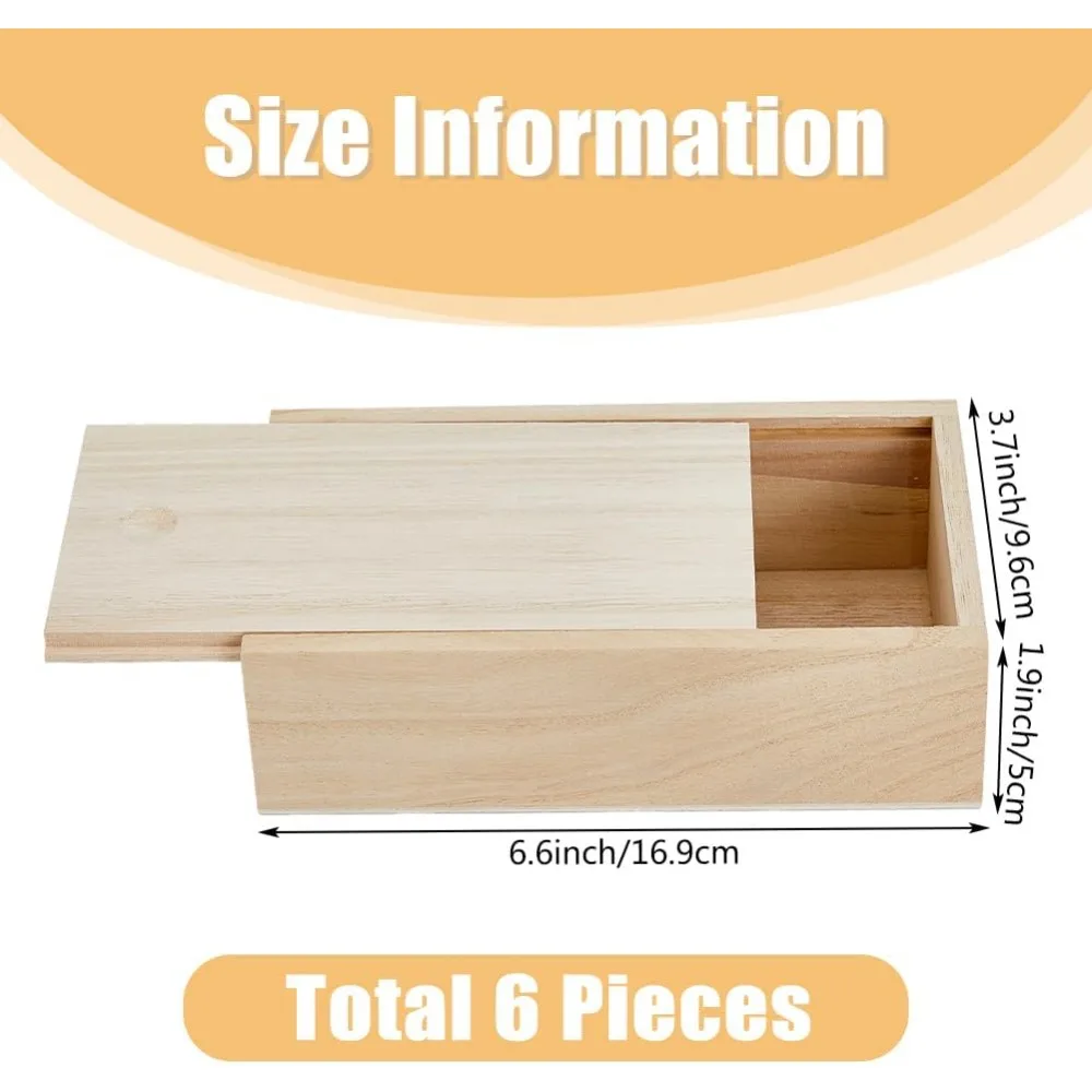 6Pcs Wood Box with Slide Lid 6.6x3.7inch Unfinished Wooden Storage Box Small Wooden Box Trinket Storage Box with Slide Top