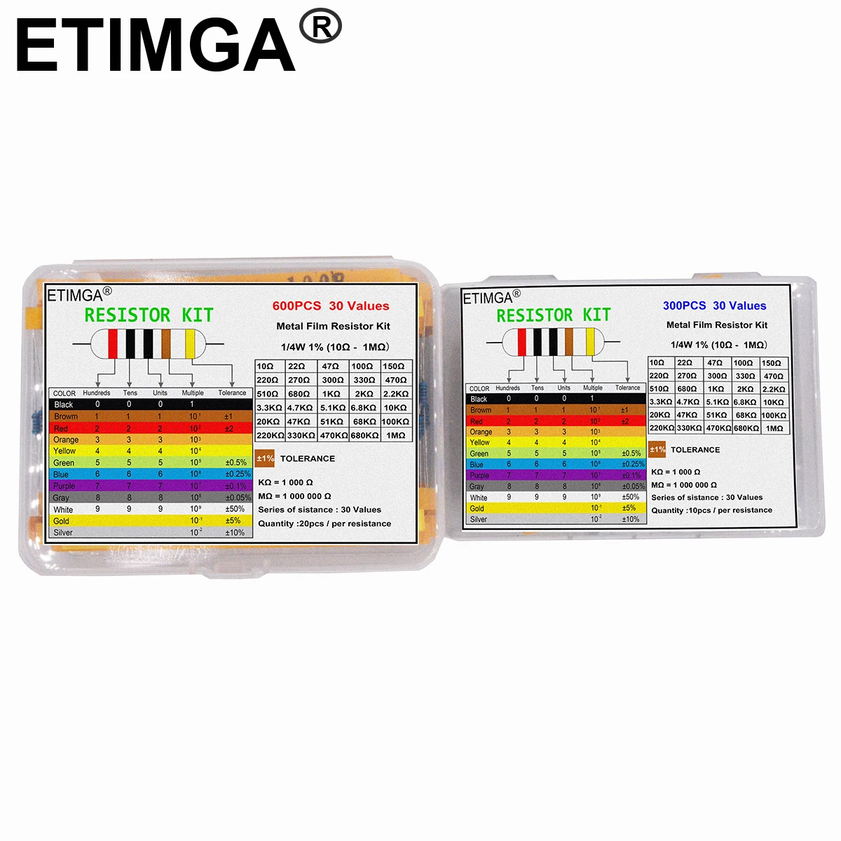 600/300PCS 1/4w Metal Film Resistor 30 Values Resistance Kit 10R-1M 150R 680K 0.25W 1% Resistors Set