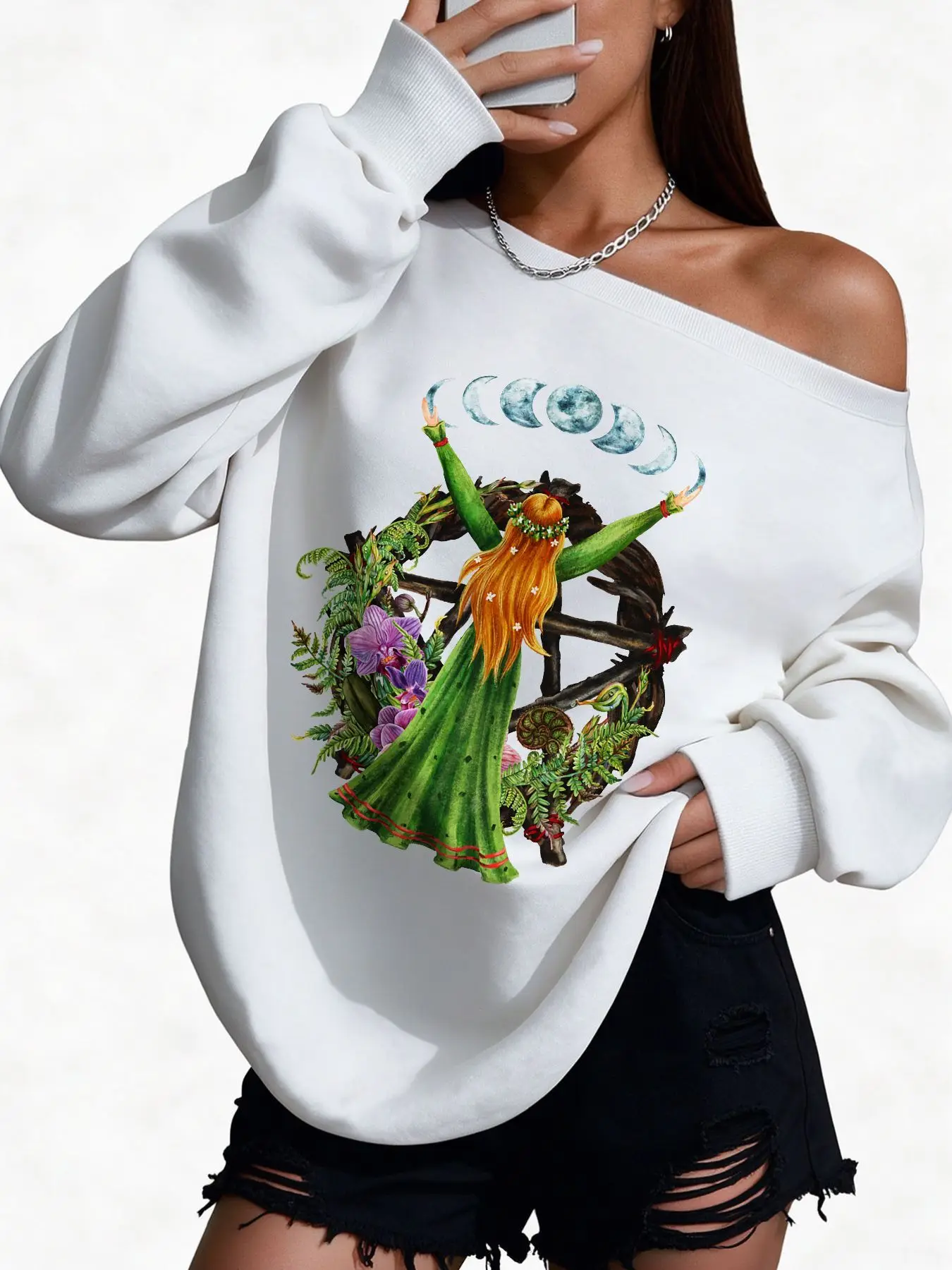 Picture 5: Plus Size 50% Cotton Floral Moon Phase Graphic Print Sweatshirt High Quality Women'S Off-Shoulder Wide Neck Sweatshirt Warm C