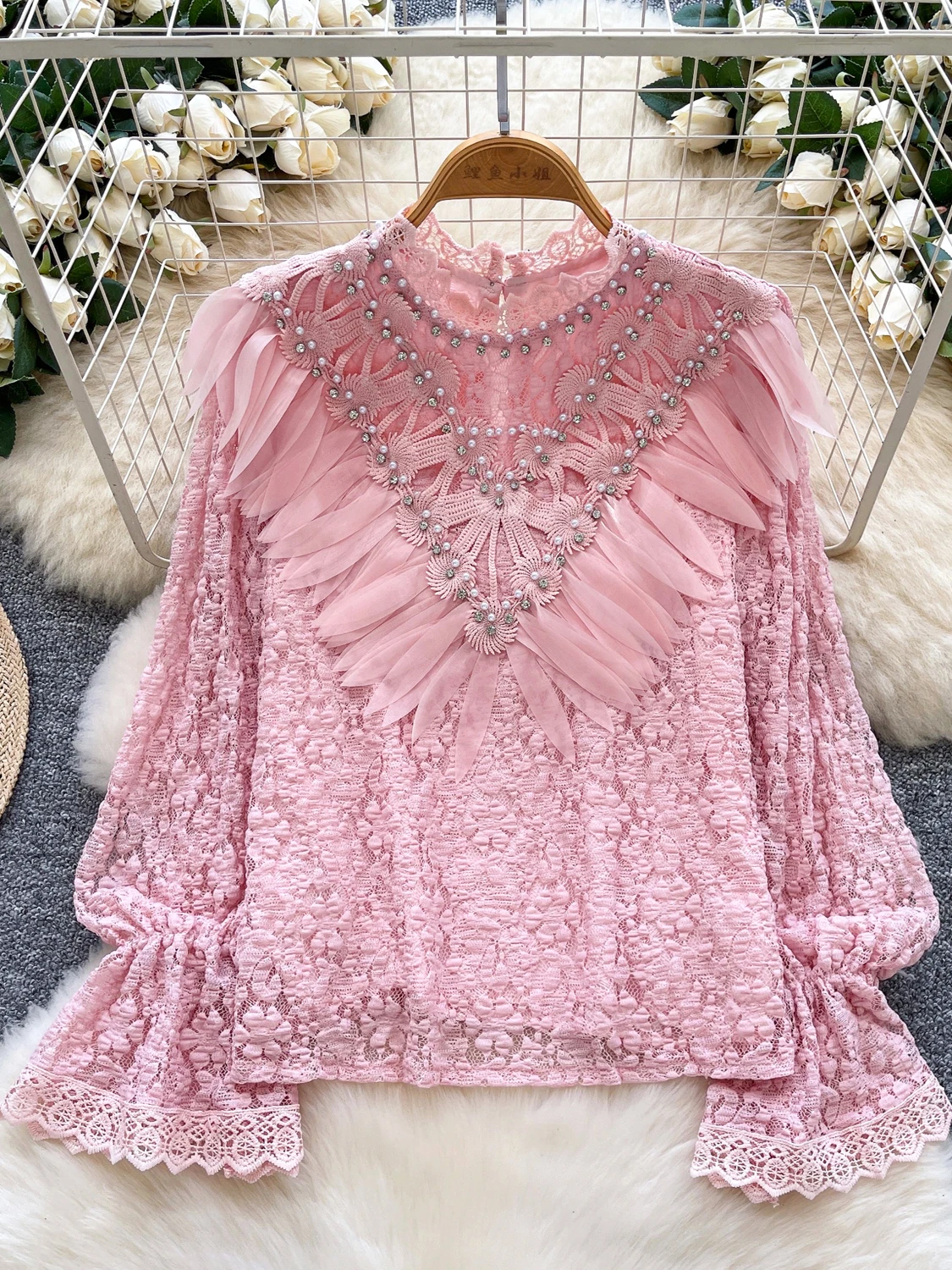 

2026 New Autumn Women Stand Collar Flare Sleeve Shirt Heavy Industry Nail Bead Diamonds Ruffles Patchwork Lace Shirt Tops