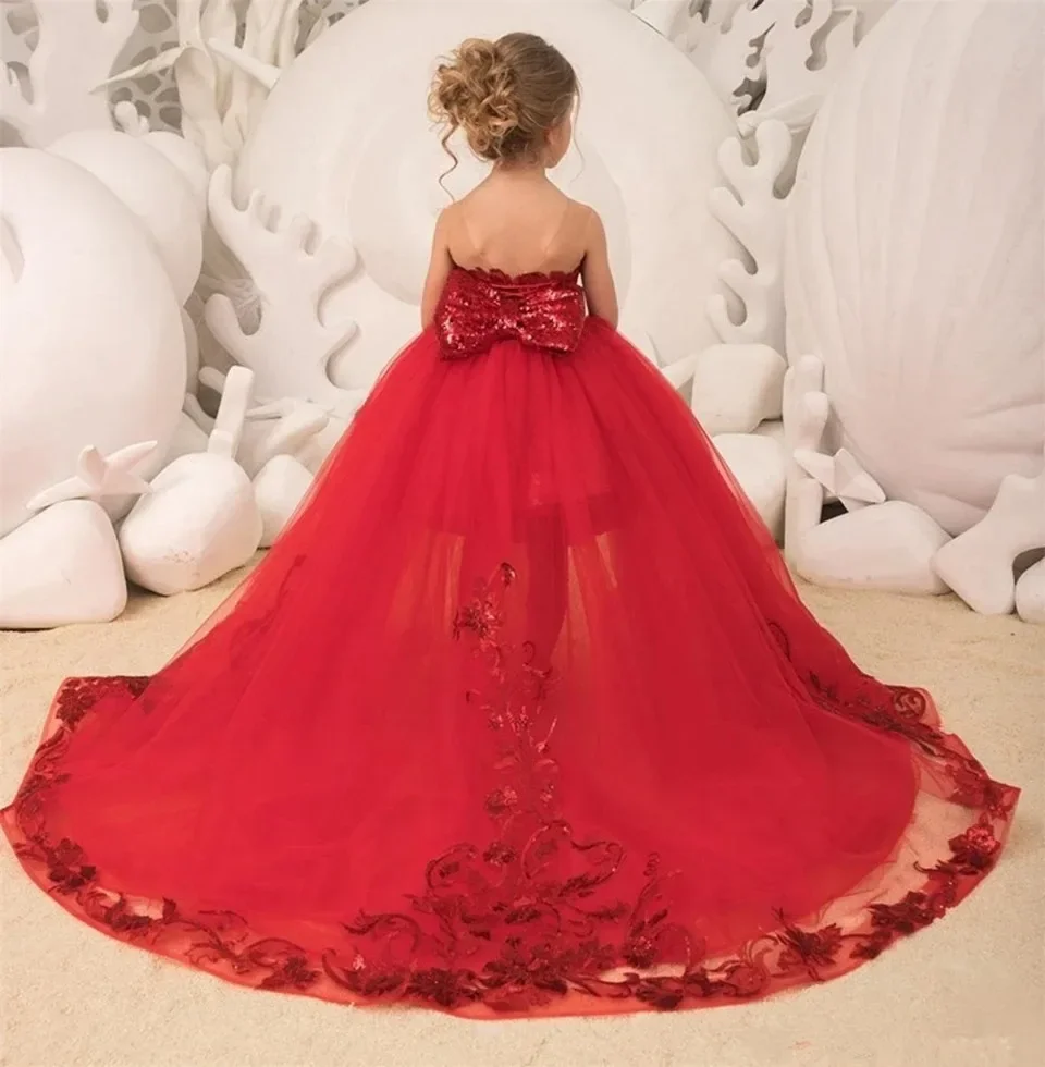 

Bow Shining Sequins O-Neck Lovely Girl Kids Birthday Party First Holy Communion Gown Red Flower Girl Dresses for Wedding