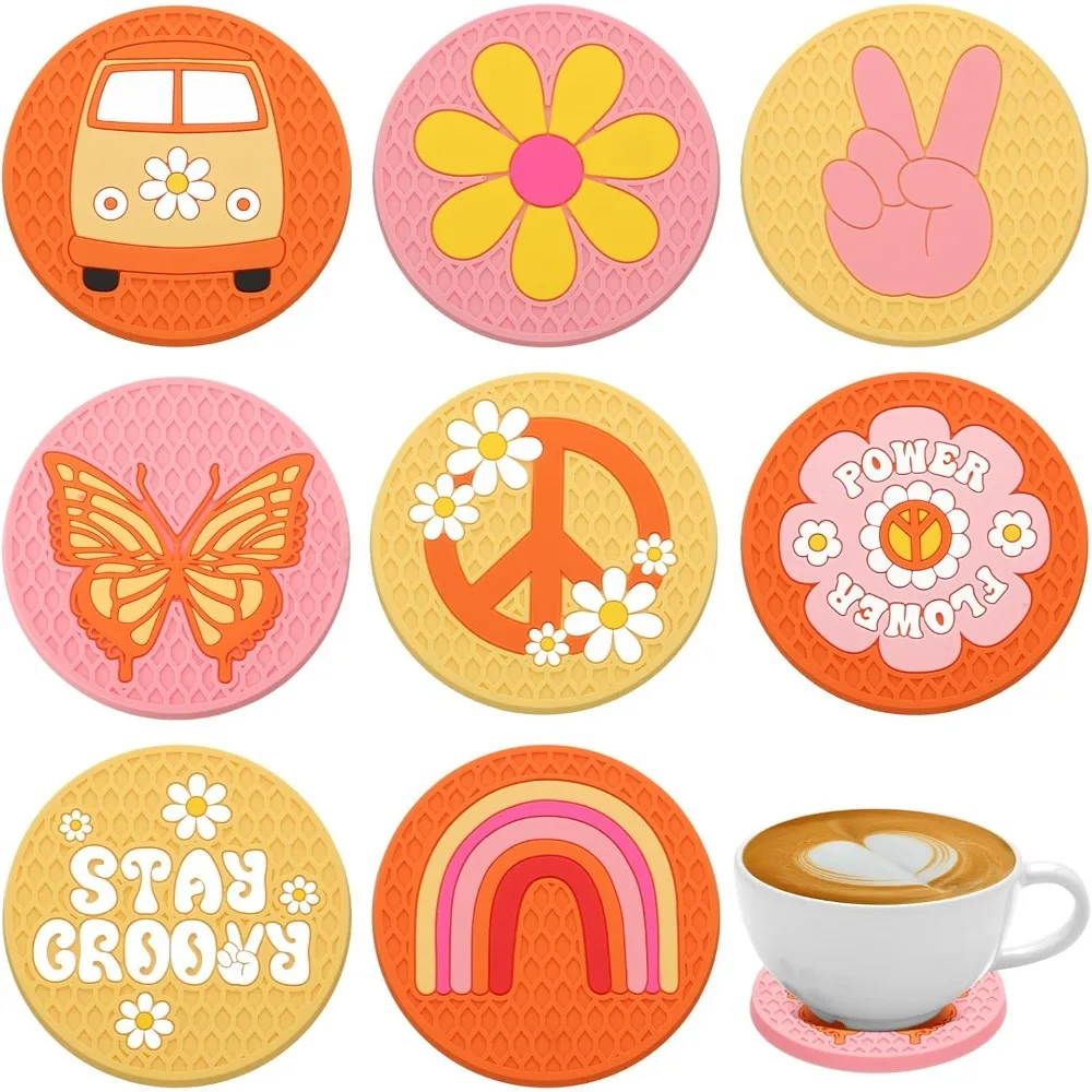 

8 Pcs Coasters Retro Hippie Bus Rainbow Daisy Butterfly Aesthetic Car Cup Coasters Anti Slip Heat Resistant