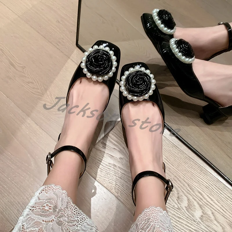 

Summer Rose Pearl Mary Jane Shoes Women Elegant Square Toe Medium Heel French Buckle Sandals Thick Heel Pumps Dress Shoes