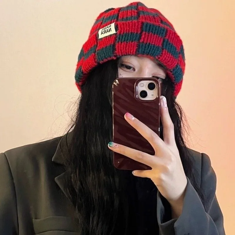 Womens Premium Soft Thickened Warm Checkerboard Knitted Beanie Hat Autumn Winter Korean Style Niche Oversize Head Face Slimming