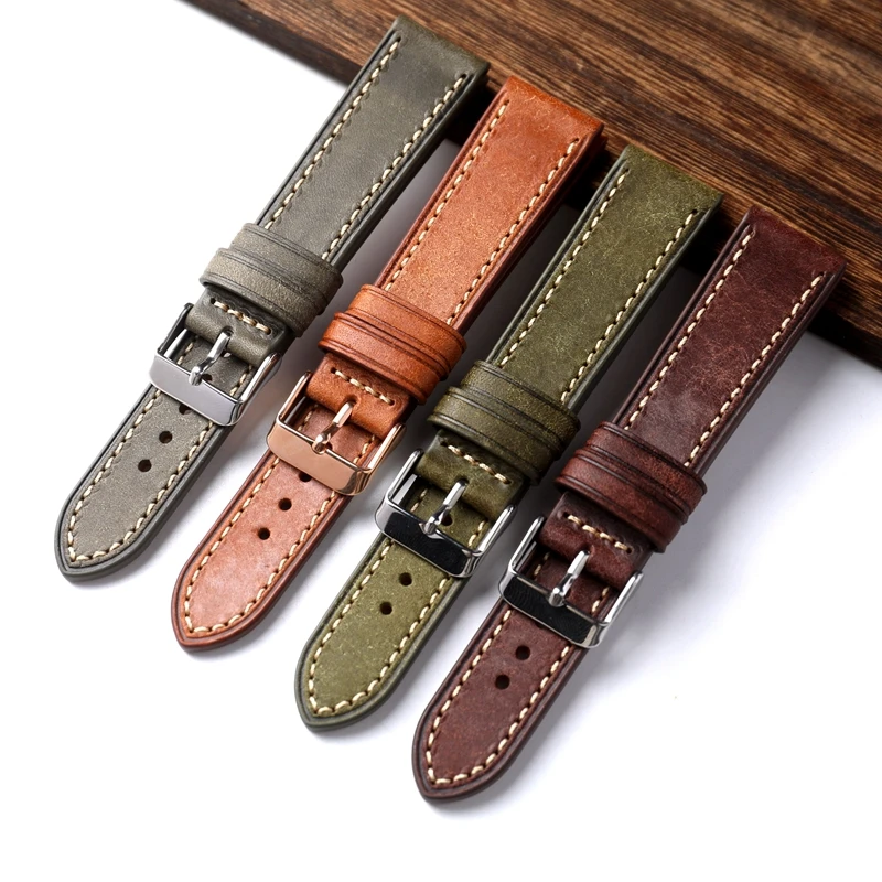 Handmade Italian Head Cowhide Strap 18 19 20 21 22MM Brown Grey Green Soft Vintage Watchband, Men\'s Soft Bracelet