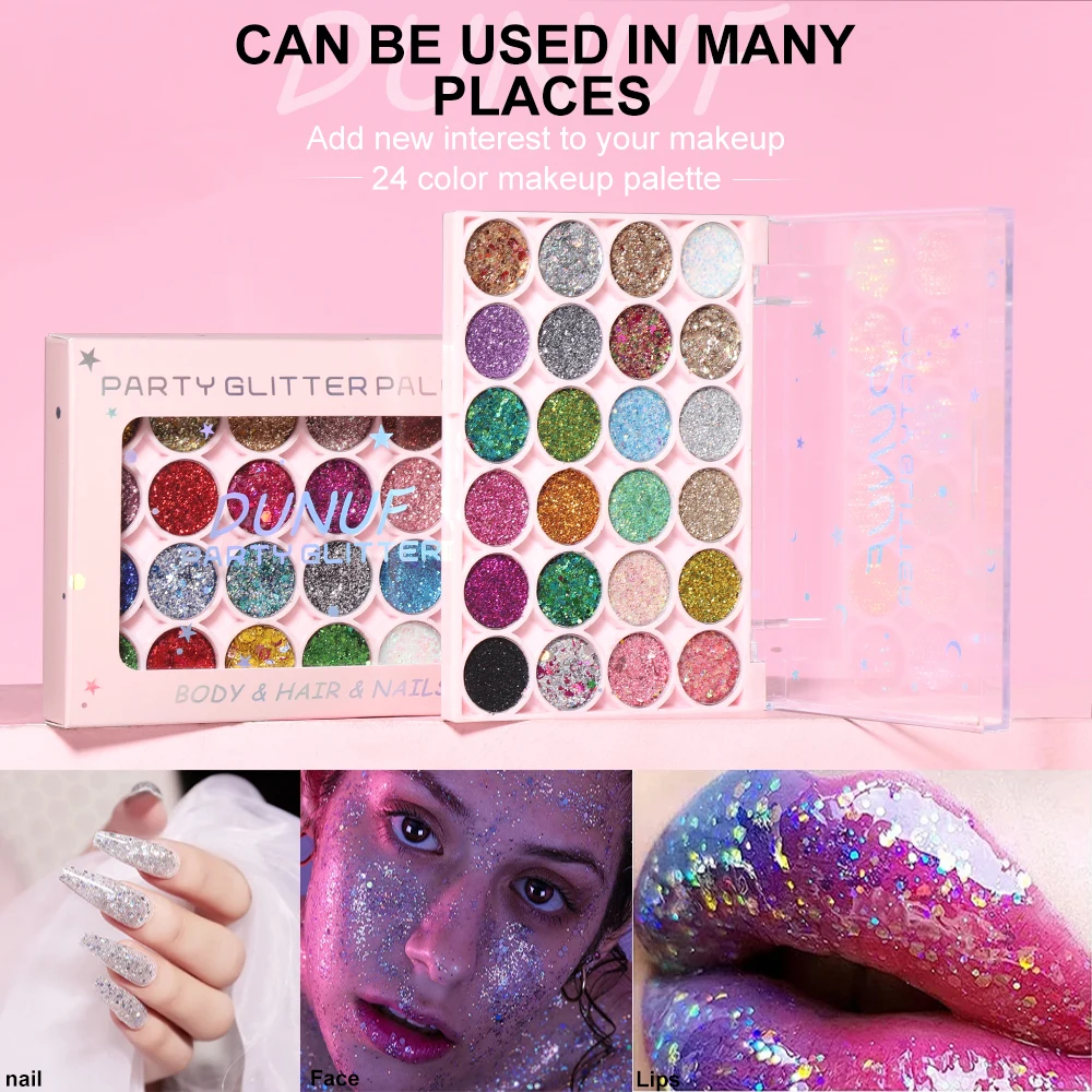 DUNUF 24Colors Shiny Sequins Flakes Eyeshadow Palette Self Adhesive Glitter Gel Hair Body Nail Blue Pink Black Sequin Gel Makeup