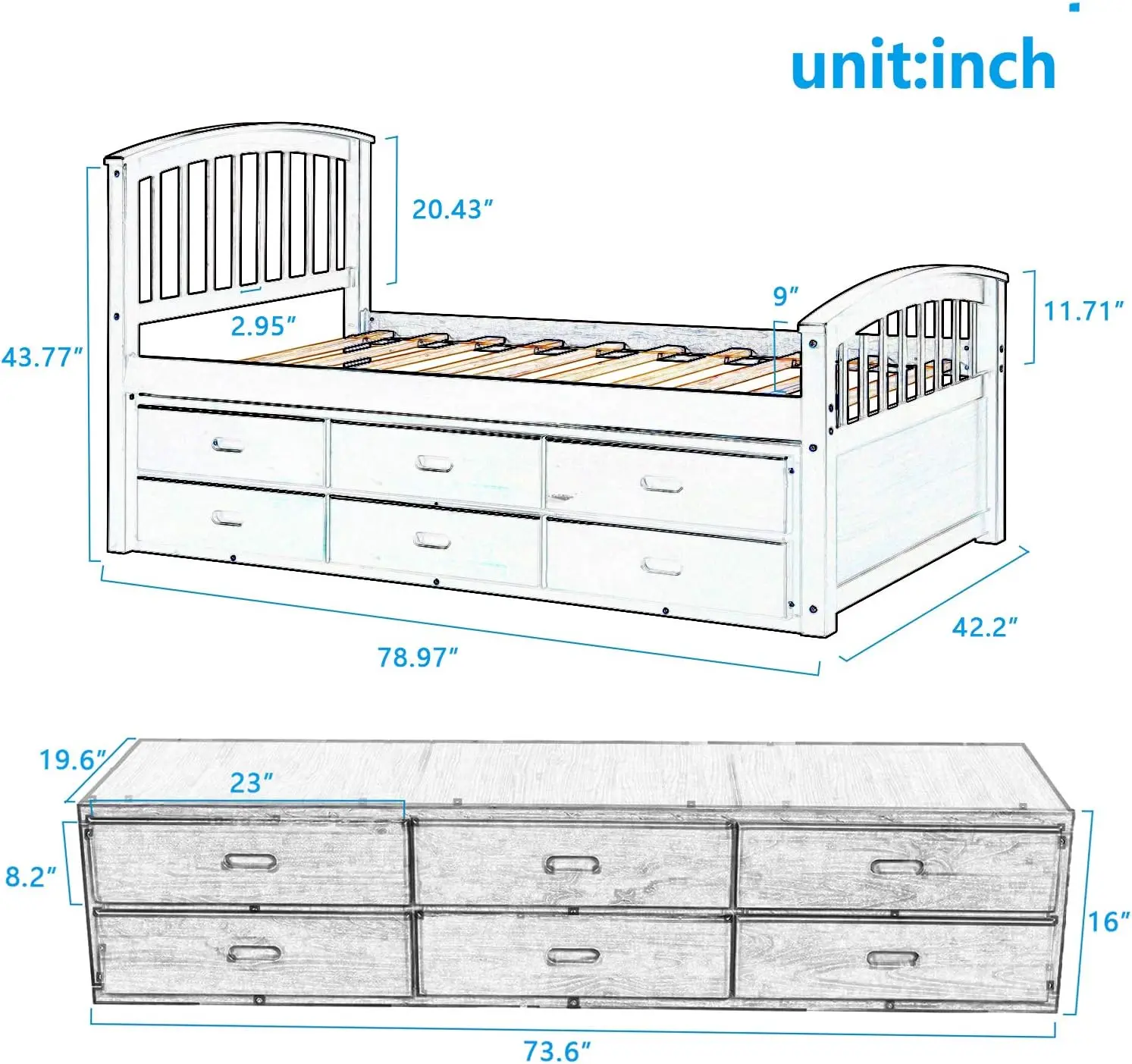 Platform Storage Bed Solid Wood Bed With 6 Drawers Twin Size