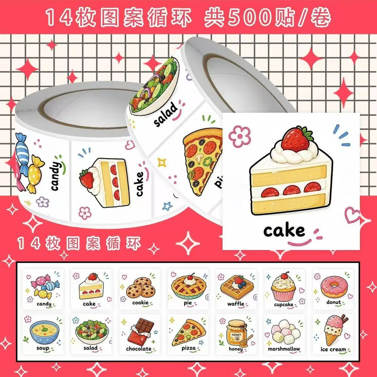 Cute Food Stickers 2000pcs, English Word Food Memo, Cartoon Healing Food Decals for Journal, Phone Case, Scrapbook Decor