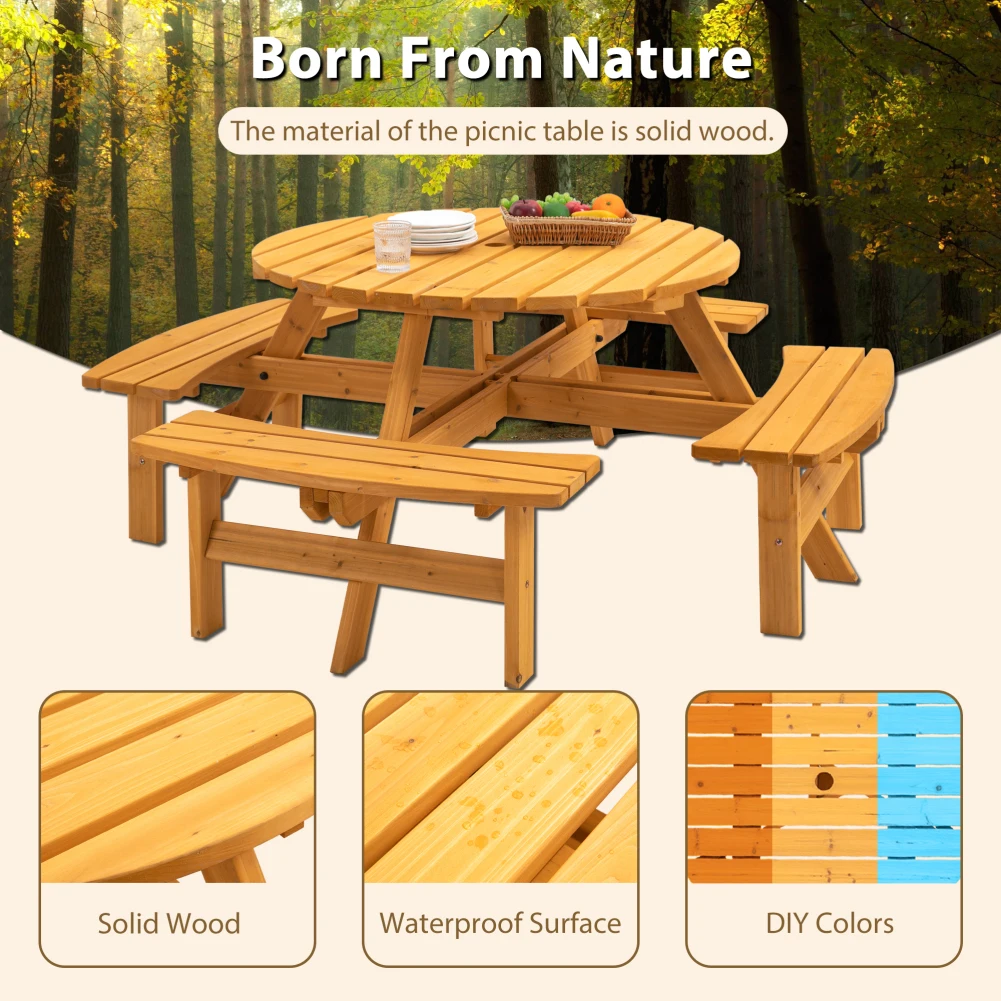 8 Person Wooden Picnic Table With Benches Outdoor Round Dining Table With Umbrella Hold For Patio Backyard Garden Porch 2220lb