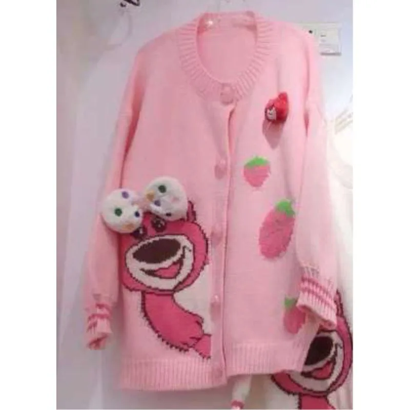 Suéter Lotso de dibujos animados de Disney para niñas, moda de otoño e invierno, chaqueta superior holgada informal elegante y versátil de manga larga