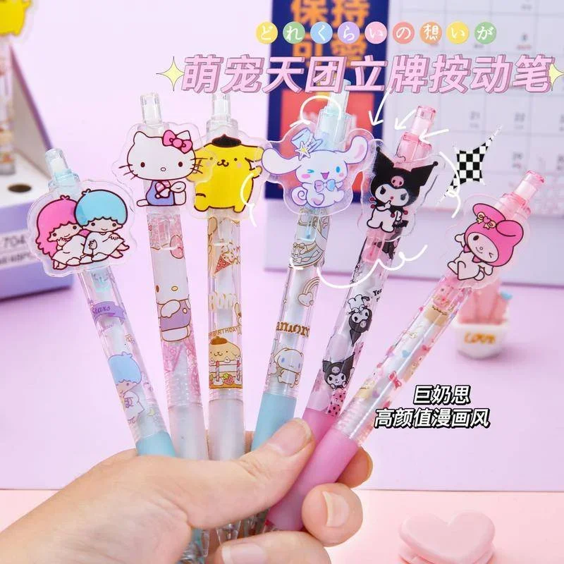 6Pcs New Sanrio Kawaii 0.5mm Cartoon Gel Pen Mymelody Kuromi Cinnamoroll Pompom Purin LittleTwinStars Press Pen Neutral Pen Gift