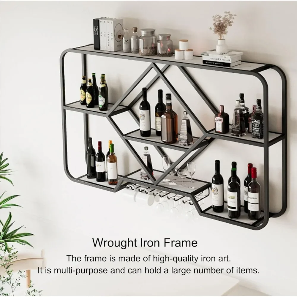 Wine Rack Bar Shelves Wall Mounted with Hanging Wine Glass Rack Holder Mini Bar Liquor Cabinet Bar Bottle Display Shelf Floating