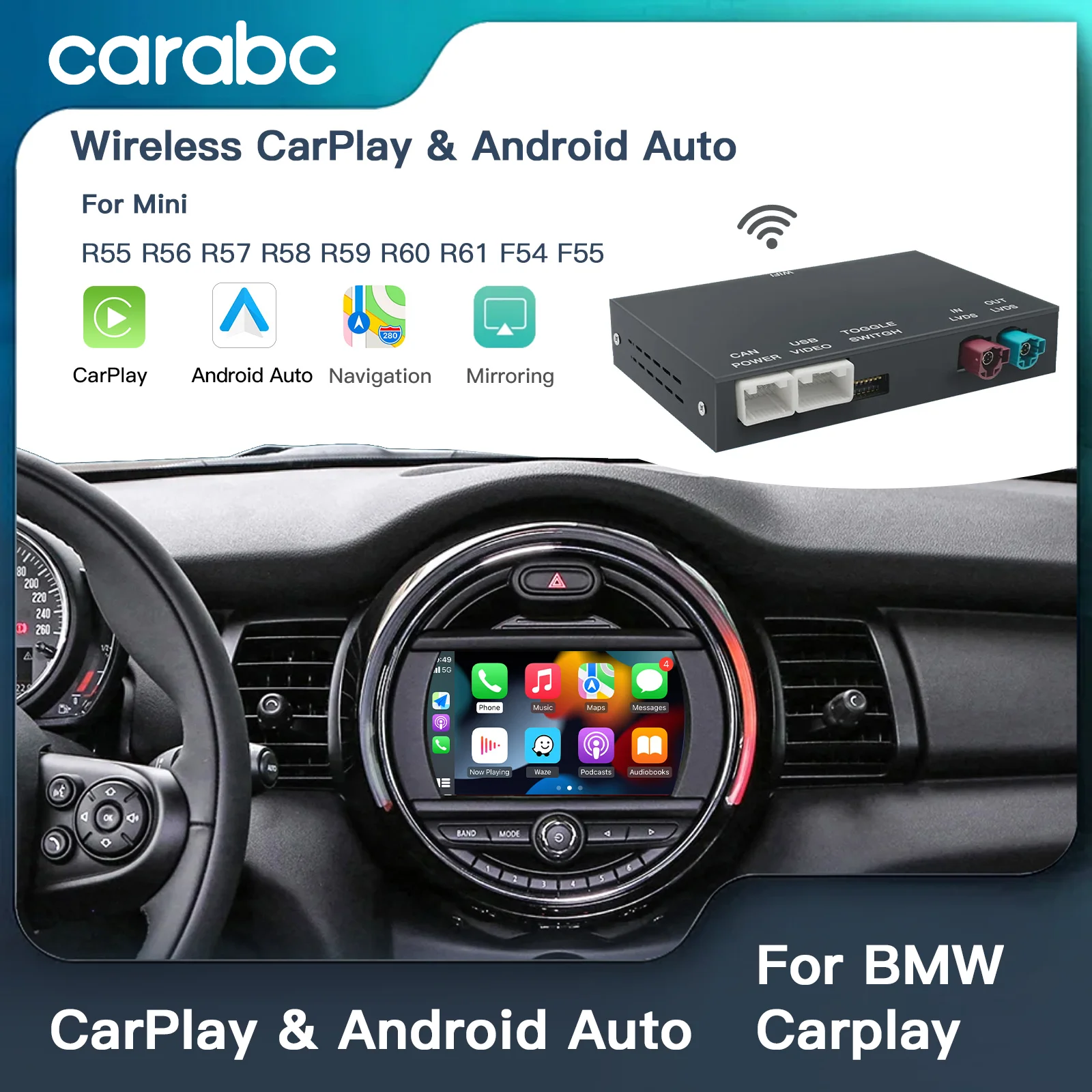 CarPlay แอนดรอยด์อัตโนมัติไร้สายสำหรับ BMW R55 R56 R57 R58 R59 R60 R61 F54 F55คลับแมนเคาน์ท์ท็อปจอห์นคูเปอร์ F56 F57