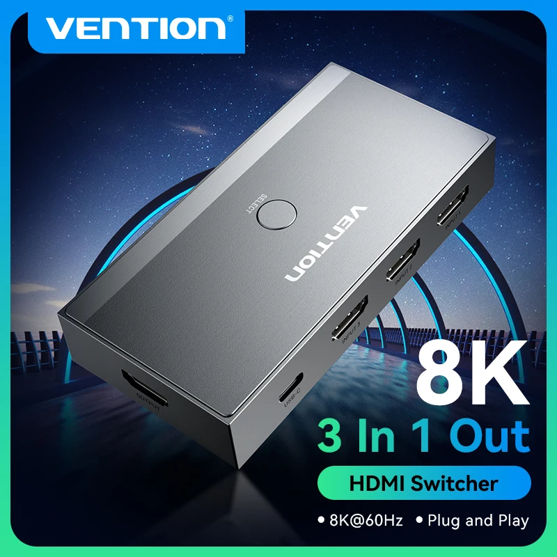 Vention 8K HDMI 2.1 Switcher 8K 60Hz 4K 120Hz HDMI Switch for XBOX 360 TV PS5 4 3 Set-Top Boxes Blu-Ray 3 in 1 out HDMI 2.1