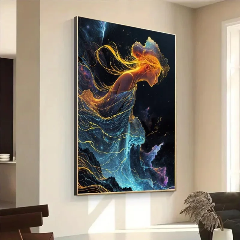 1pc Frameless Modern Canvas Art Canvas PaintingGolden-Haired Girl with Cosmic Background, Vibrant Blue & Purple Swirls, Perfe