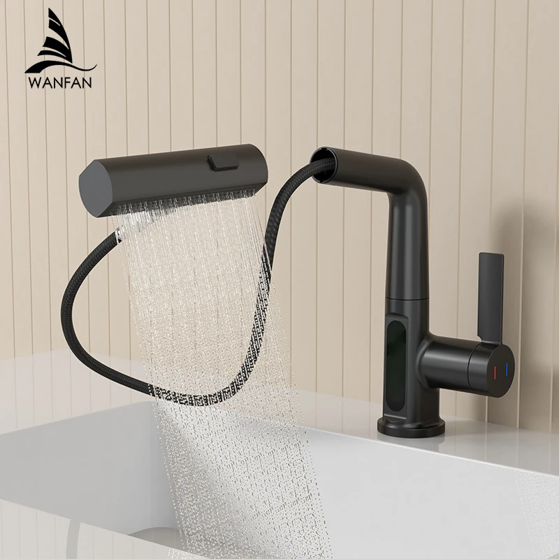 Black Waterfall Basin Faucet Lift Up Down Stream Sprayer Hot Cold Water Sink Mixer Wash Tap For Bathroom  3228