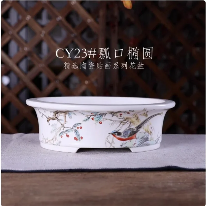 yesPorcelain  Glazed Oval Bonsai Pot,Chinese Pattern,Table Decoration,Indoor Plant,