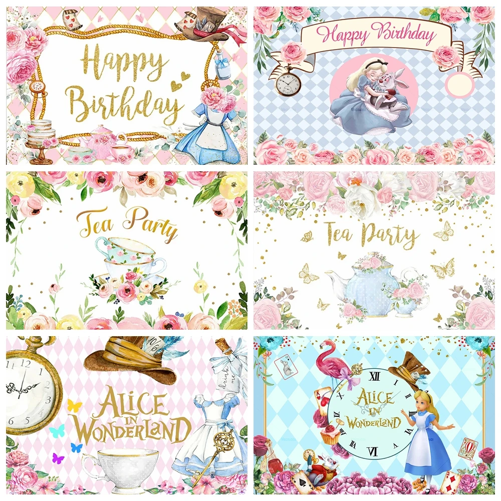 

Custom Tea Party Background Disney Alice In Wonderland Princess Girls Happy Birthday Magic Clock Decoration Photography Backdrop