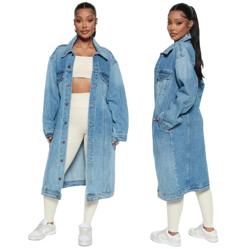 

Denim Xlong Jackets Womoen Long Sleeve Button Up Lapel Neck Jeans Cardigans 2023 Fall Winter New Popular Workout Trench Coats