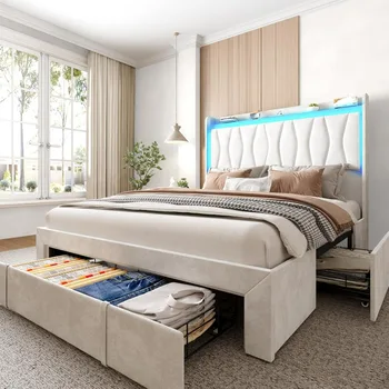 LEDライト付きベッドフレーム,3つの引き出し,収納,充電ステーション,背もたれ,高いヘッドボード,布張りのベルベットプラットフォーム