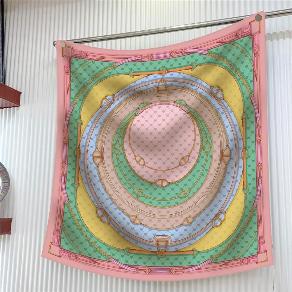 90CM French Love Circle Belt Chain High Quality Twill Silk Shawl Sunscreen Large Square Scarf Decorative Scarf Wholesale