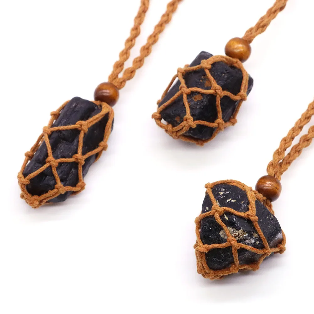 

Adjustable Black Tourmaline Quartz Natural Stone Holder Wax Rope Necklace Chain Crystal Collecting DIY Jewelry Accessories