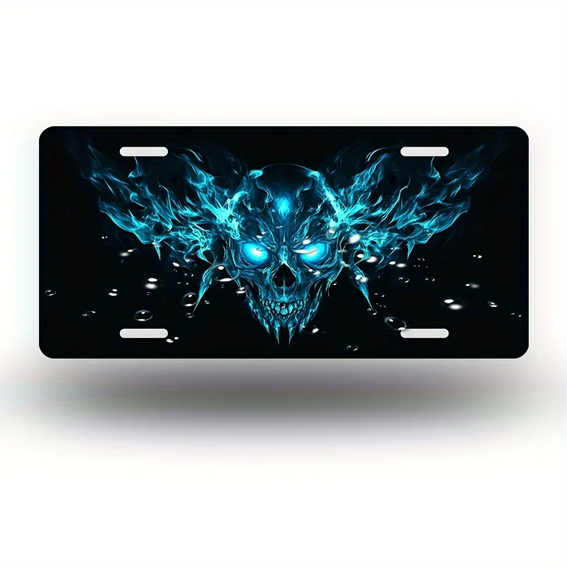 Blue Flame Skull Aluminum License Plate Frame - 6x12 Inch, Polished Finish, Novelty Car Decor for Men, Women, Boys, Girls, Stand