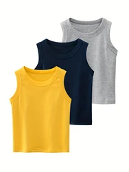 3pcs Boys Round Neck Tank Top Casual Comfortable Breathable For Summer Kids Clothes