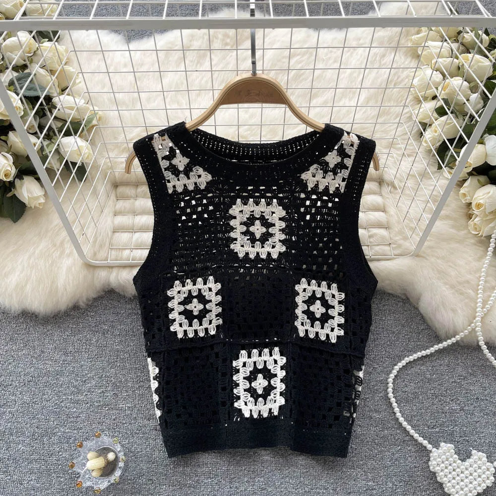 Women Granny Square Crochet Top Openwork Knit Sleeveless Vest Knitwear Laides Teengirl Summer Fairycore Cottagecore Outfit