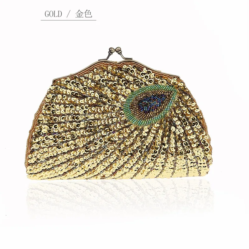 Vintage Women\'s Clutches Evening Bags with handle Peacock Pattern Sequins Beaded Bridal Clutch Purse luxury mini handbag  WY146