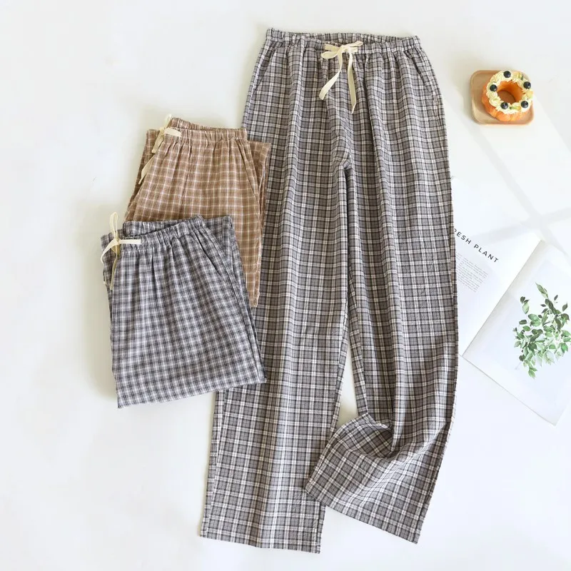 Japanese New Spring And Autumn Men  Washed 100% Cotton Cloth Plaid Trousers Men's Large Size Home Pants Simple Casual Pants