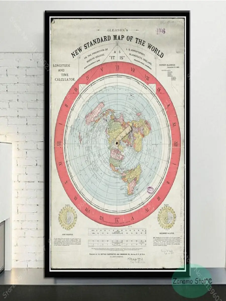 Flat Earth Map Canvas Print  Vintage Oil Painting Style World Map Wall Art for Living Room Decor