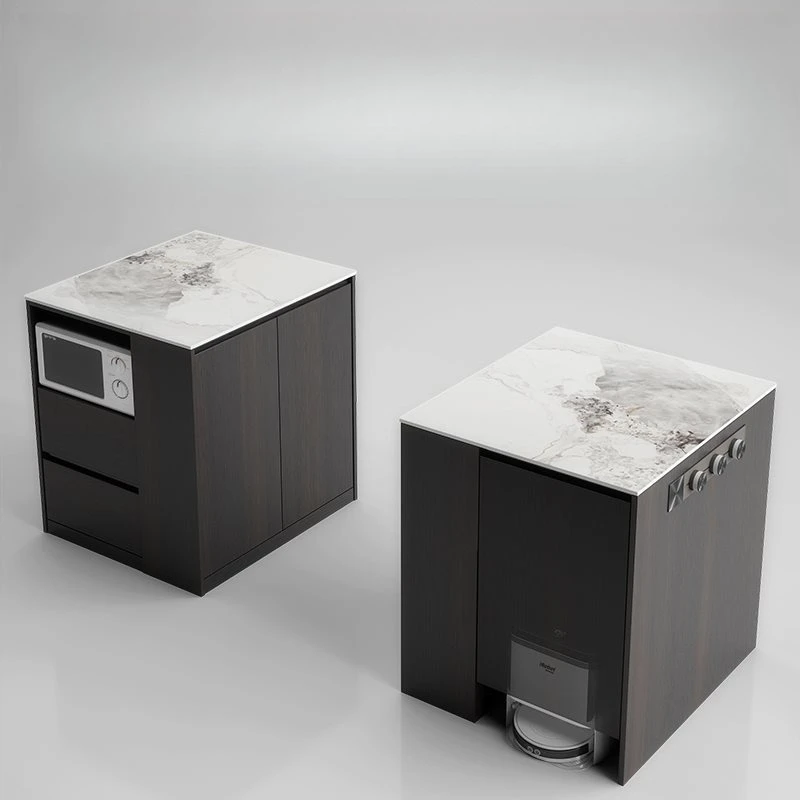 

Small apartment single island, separate mid-island cooking table, dining cabinet