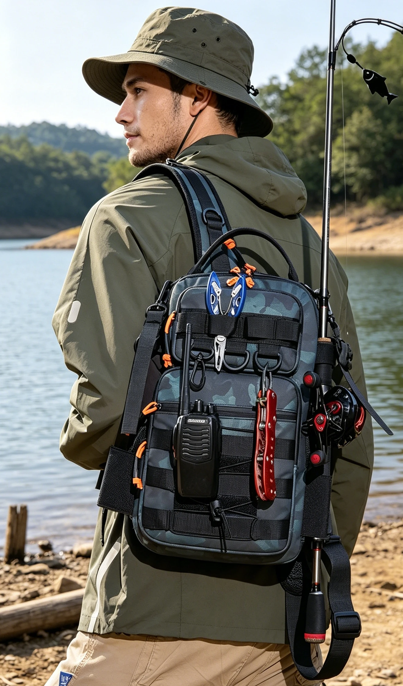 Herren-Doppelschulterrucksack, Einzelschulter-Umhängetasche zum Angeln, Outdoor-Ködertasche, Wander-Brusttasche, funktionelle Outdoor-Tasche, Tarnfarben-Reise-Sporttasche, Wander-Cross-Country-Rucksack, verschleißfeste – Detail 10