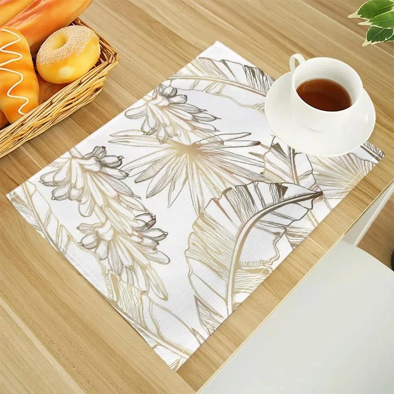 Tropical Leaf Print Linen Dining Table Mats Alphabet Kitchen Placemat 30X40cm Coasters Pads Bowl Cup Mat