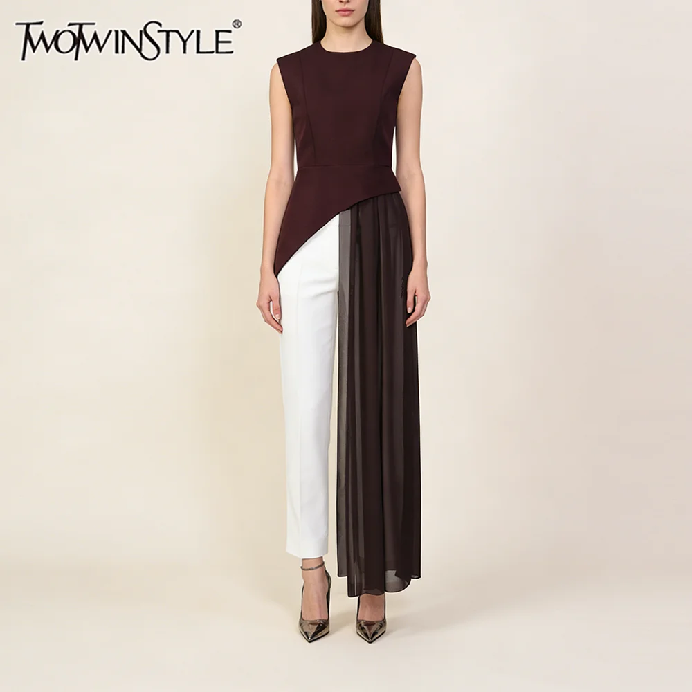 

TWOTWINSTYLE Модный асимметричный топ в стиле стритстайл бордового цвета для женщин, без рукавов, из прозрачного шифона, для ужинов и профессиональных мероприятий
