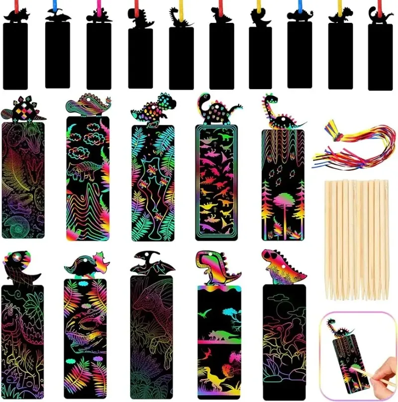 12 PCS New Animal Bookmarks Scratch Drawing Paper Magical Scratch Art Kids Painting Book Creative Card Educational Toy with Tool