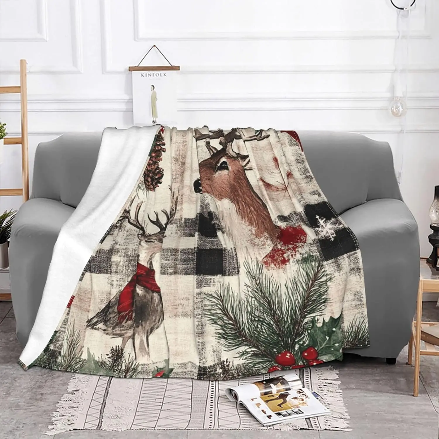 Throw Blanket for Couch Ultra-Soft Micro Fleece Blankets Buffalo Plaid Woodland Christmas Blanket Warm Cozy Thick Throws Flannel