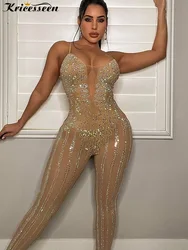 Kricesseen Sexy Rhinestone Crystal Sheer Skinny Jumpsuits Women Strap Mesh Patchwork One Pieces Rompers Night Clubwear Outfits