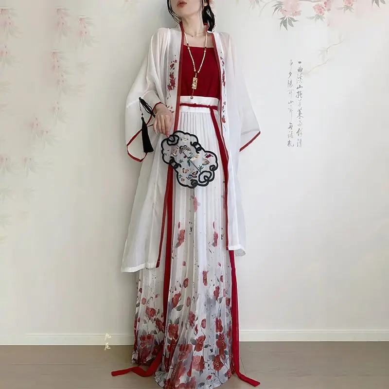 Ensemble de robe Hanfu de style chinois pour femmes, système de chanson féminine, jupe plissée, trempée, robe florale élégante, améliorer le 03, été