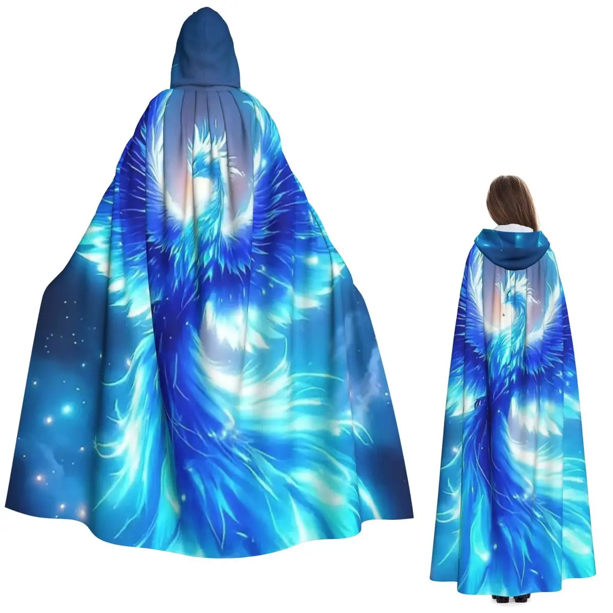 

Glowing Blue Phoenix And Flames Long Hooded Cloak Witch Medieval Costume Cosplay Cape HalloweenVampire Adult Unisex
