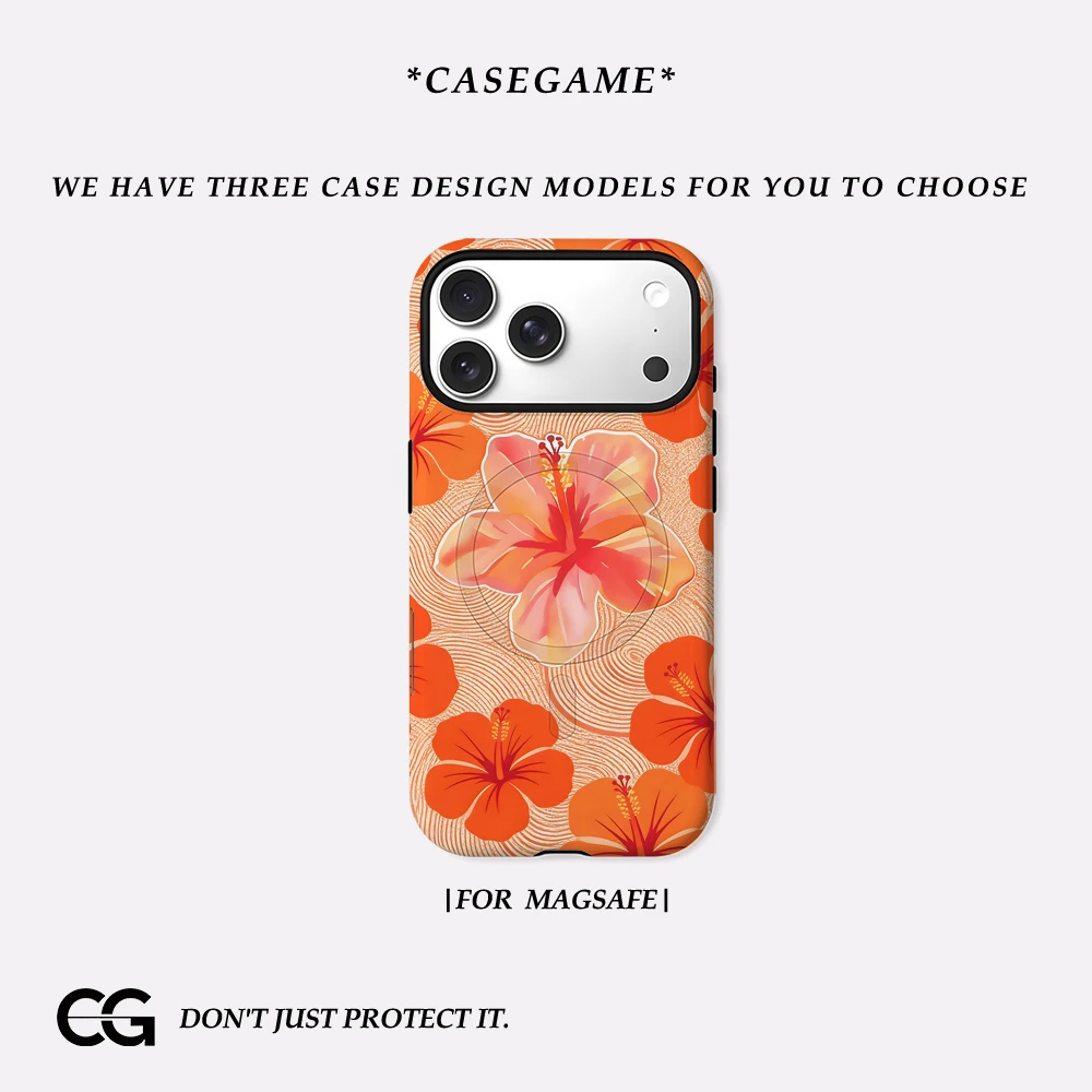 Casegame Matte Bumper für MagSafe Hülle für iPhone 17 16 15 14 Plus 13 Pro Max Stoßfeste Harte PC Orange Hibiskus-Druck Schutzhülle