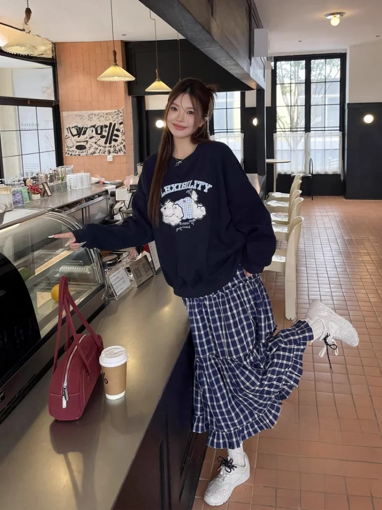 

Повседневная клетчатая юбка трапециевидной формы для похудения и толстовка для женщин больших размеров, грушевидное тело с высокой талией, круглый Ne Commute Sle