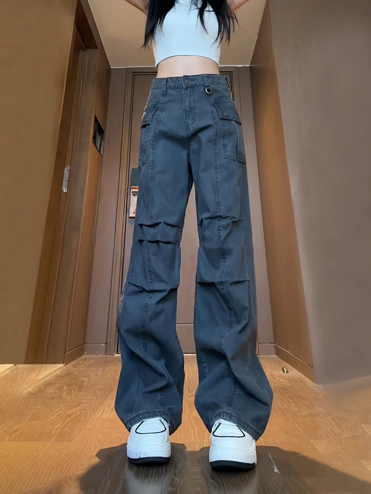 

Deep ey Wide Leg Workwear Pants Men Spring Autumn American High Street Straight Fold High Waist Jeans Knife Trousers