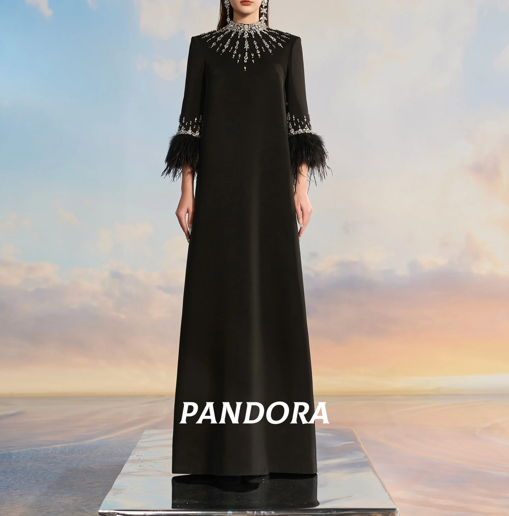 

Pandora Elegant Black Saudi Arabian Women's Evening dress High Neck Long Sleeves Crystal Feather Crepe Party Dress Customized
