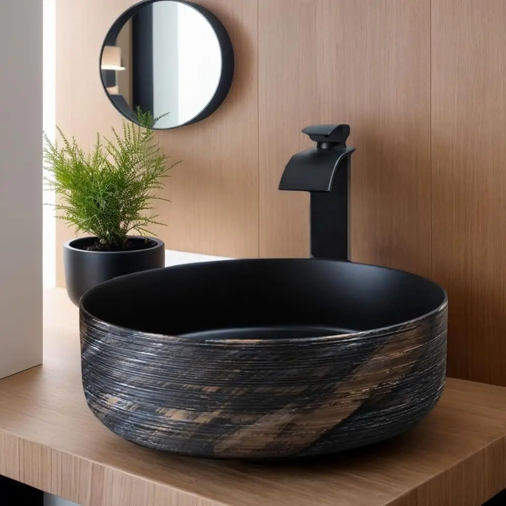 

Black and Gold Ceramic Sink with Faucet, Round Above-Counter Bathroom Basin Combo