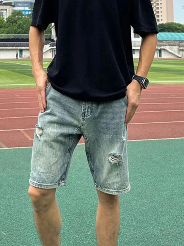 

American Sle Summer Thin Hole Denim orts Loose Straight Leg Five-Quarter Pants Youth Casual Pure Color mid Waist orts