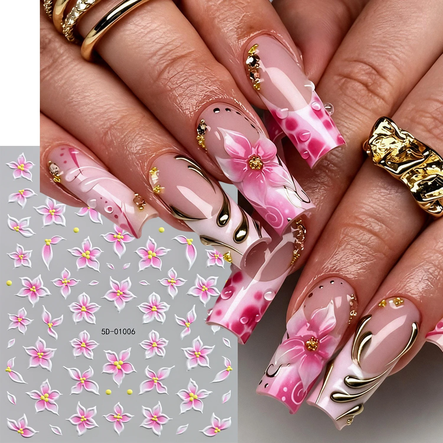 1Pcs 5D Pink Petal Nail Art Stickers Floral Self-Adhesive Nail Sliders, For Daily Dating Bridal And Nail Studio Hand Nail Decors