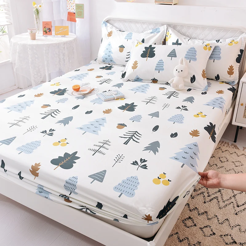 Woodland Forest Cotton Fitted Sheets Set, Leaves Print Bedsheets Camper Themed Deep Pocket Mattress Cover & Pillowcase 3 Pieces